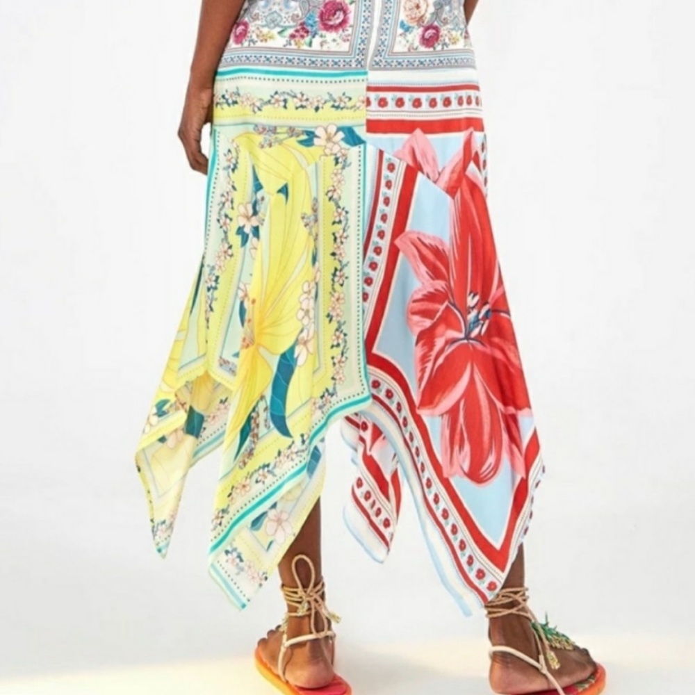 NWT FARM Rio Tropical Patchwork Handkerchief Midi Skirt in Red, Yellow, Blue - Picture 2 of 5